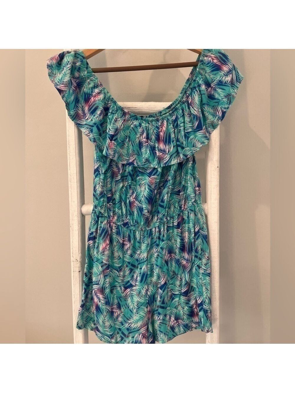Atmosphere tropical palm off the shoulder ruffle romper size 6